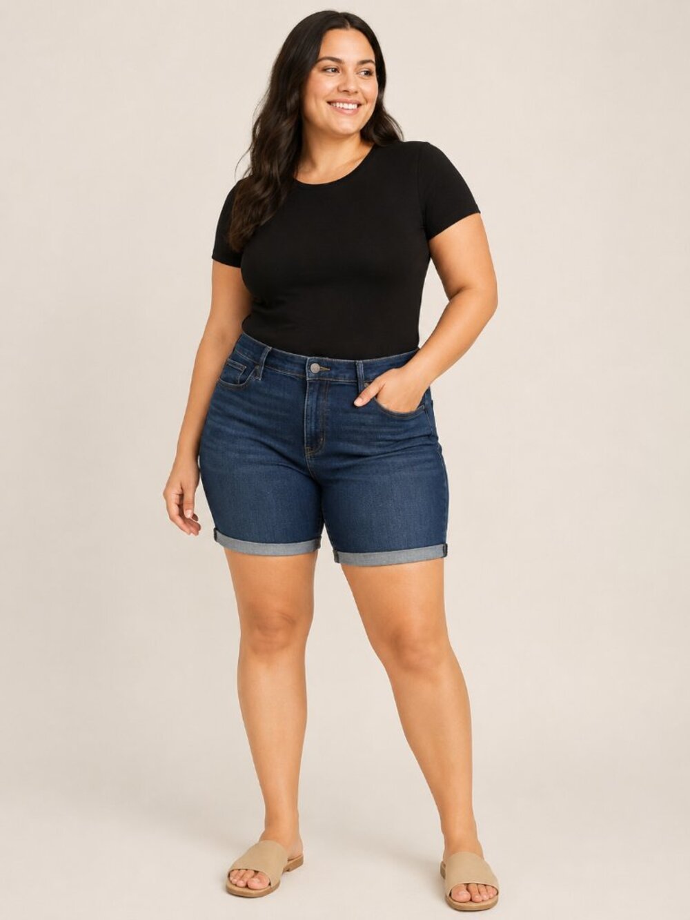 Universal Thread Women’s Dark Wash High-Rise Bermuda Jean Shorts Cuffed Size 14